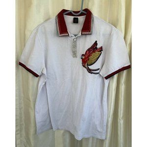 Womens Polo Top Shirt Large White Red Blue Tropical Parrot Embellished Sequins